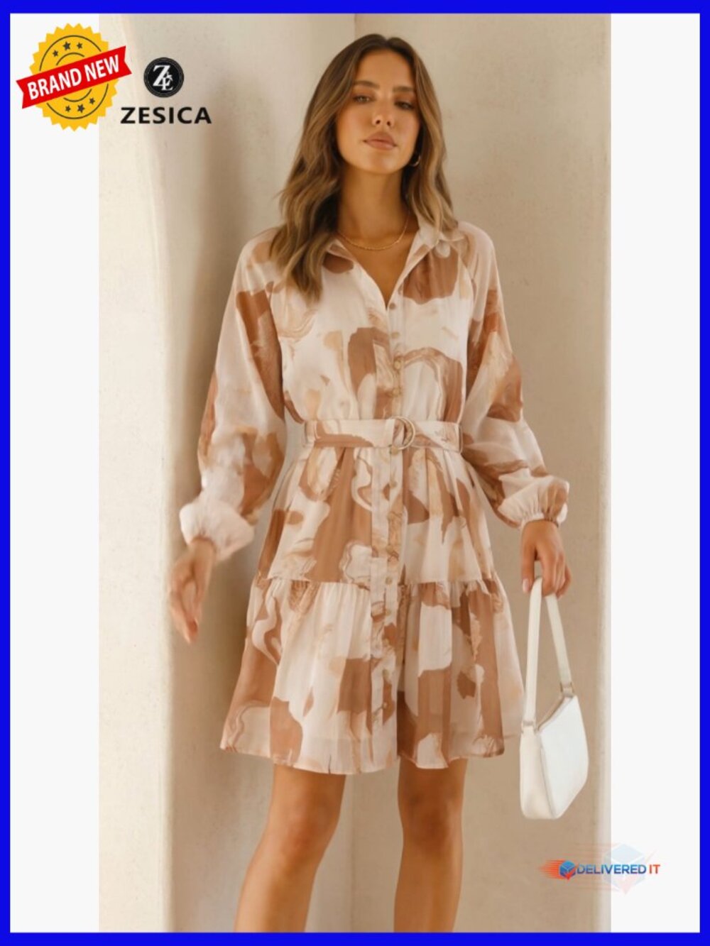Floral Chiffon Mini Dress Long Sleeve Button A-Line Swing Party Dress - Picture 7 of 7
